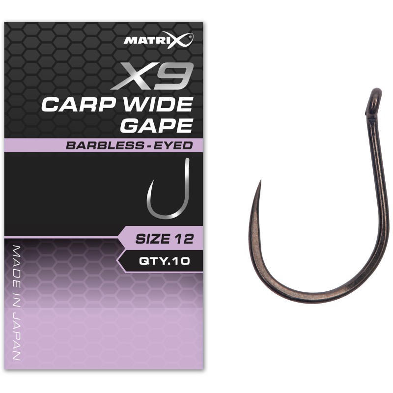 Haczyki Matrix X9 Carp Wide Gape Barbless Eyed - 12