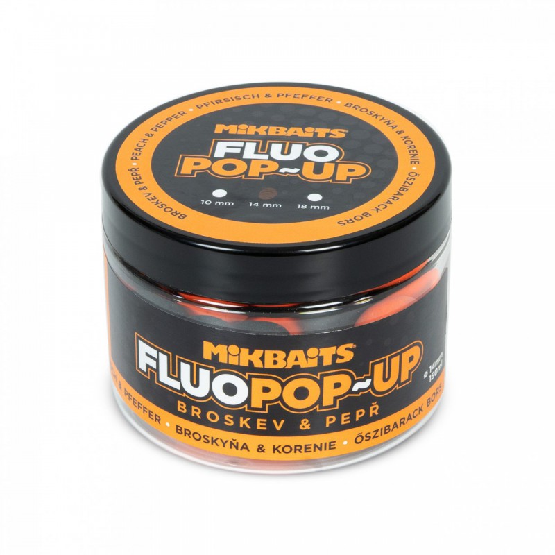 Kulki MikBaits Pop-up fluo boilies 150ml - Brzoskwinia-Czarny Pieprz 14mm 